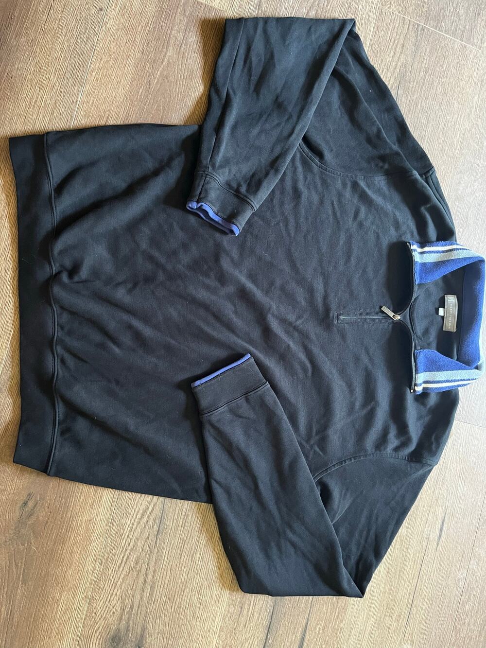 Hickey Freeman Men’s Large Black 100% Cotton Quarter Zip Pullover Blue Collar